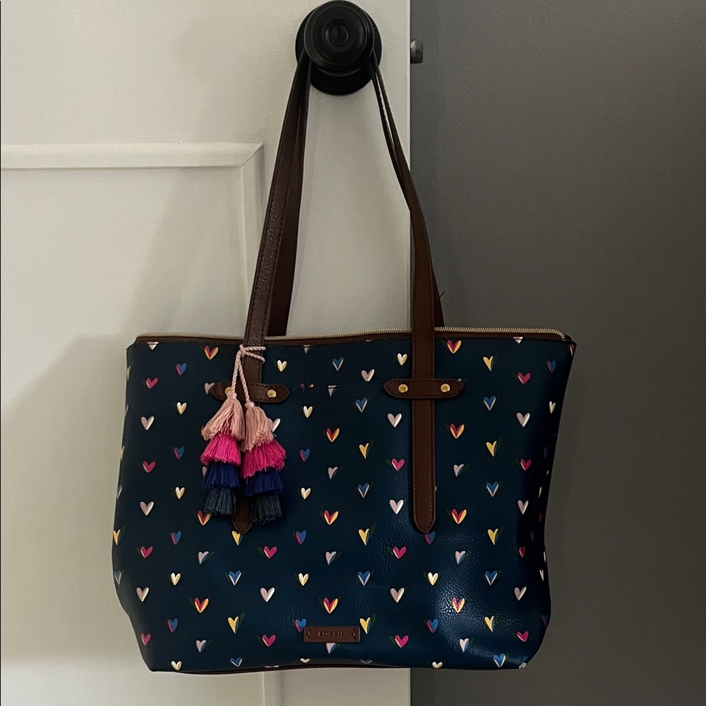 Fossil Navy Tote with Colorful Heart Design